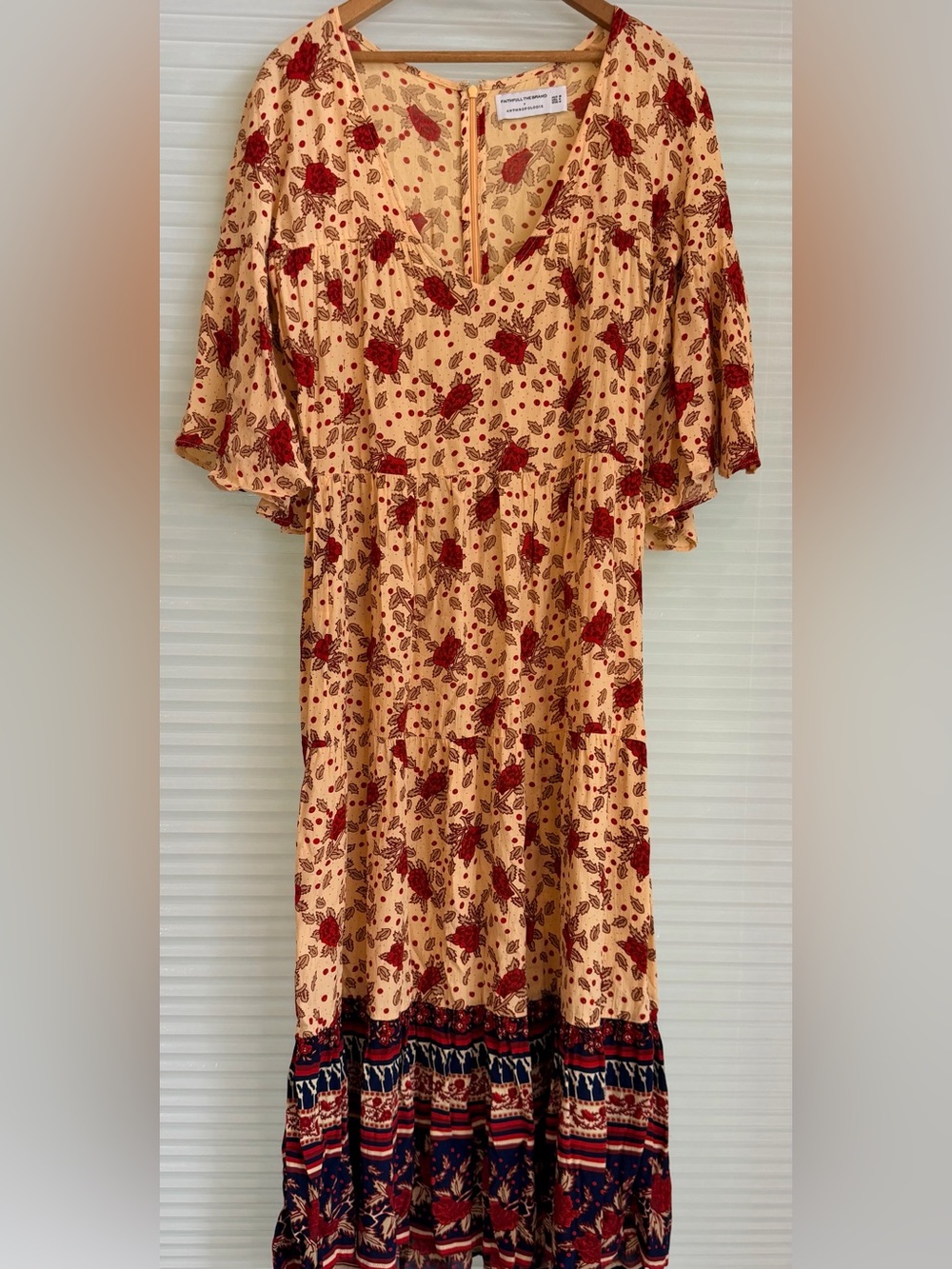 Anthropologie Faithful Melia Peach Boho Maxi Dress with Red Floral and Navy Trim